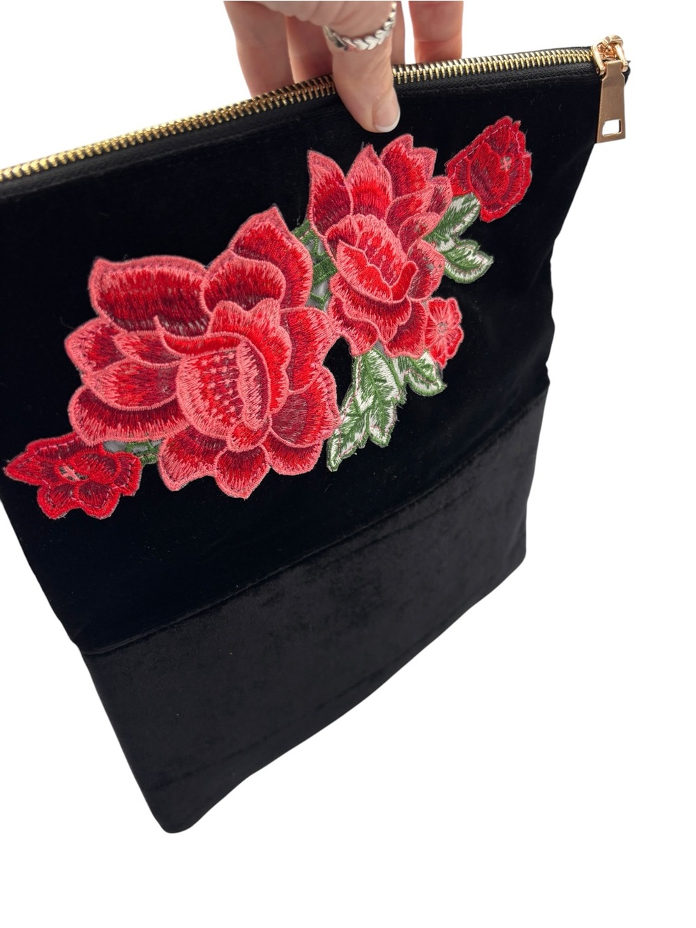 Urban Expressions Black Velvet Floral Embroidered Foldover Clutch Crossbo - Picture 7 of 8